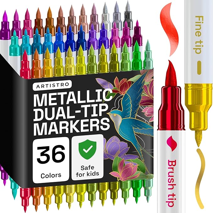 ARTISTRO 36 Metallic Acrylic Paint Markers - Paint Pens for Drawing, Brush + Fine Tips - For Fabric, Rock, Glass, Wood, DIY - Art & Craft Supplies for Adults, Teens, Kids - Teacher Appreciation Gift