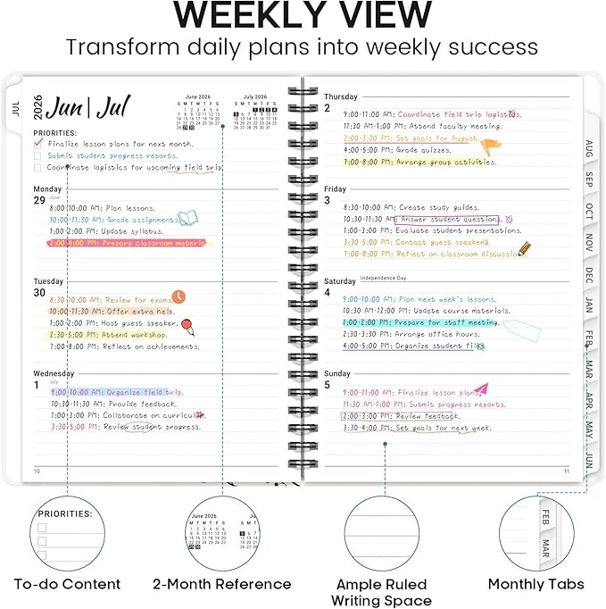 Academic Planner 2026-2027, Weekly and Monthly Calendar Book, July 2026 – June 2027, Hardcover Planner with Tabs, Perfect for Teachers, Students, Women & Men, A5 (6.4" x 8.5") - Leaf