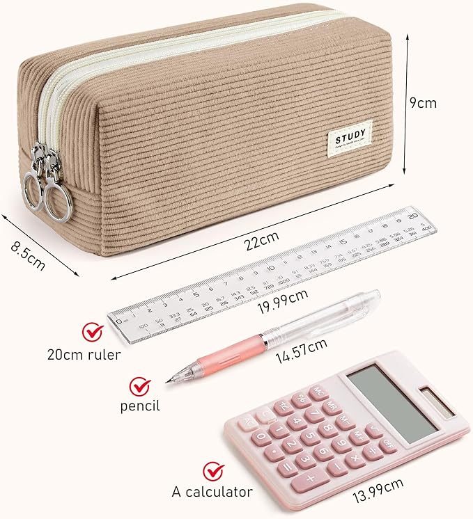 KALIDI Large Pencil Case Corduroy Pencil Pouch Box Cute School Supplies for Teen Girls Boys, Dark Khaki