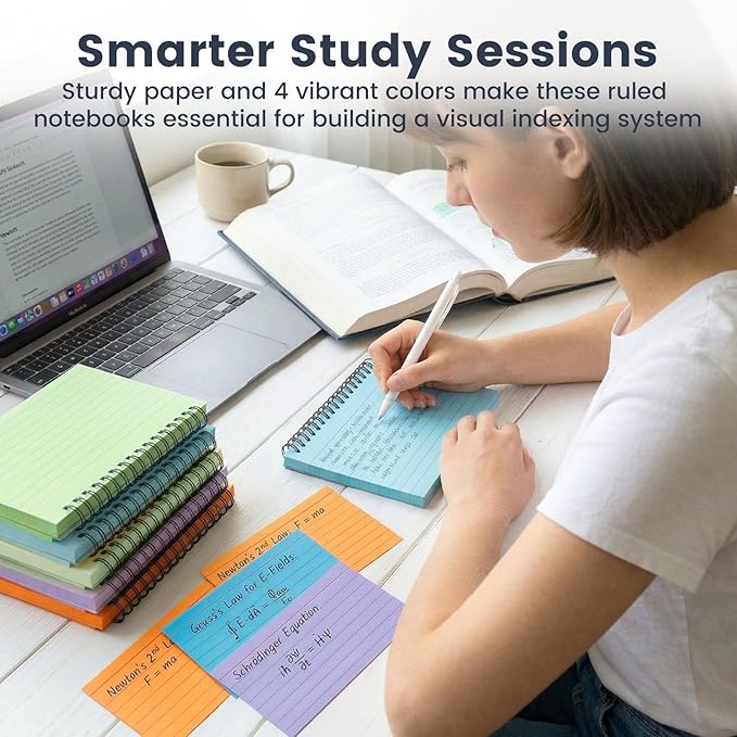 Koogel Colored Spiral Index Cards 3x5 Ruled, Assorted Colors Spiral Bound FlashCards with Waterproof Cover, Tear-Off Note Cards with Ring for Studying & School, 400 Count (5 Packs of 80)