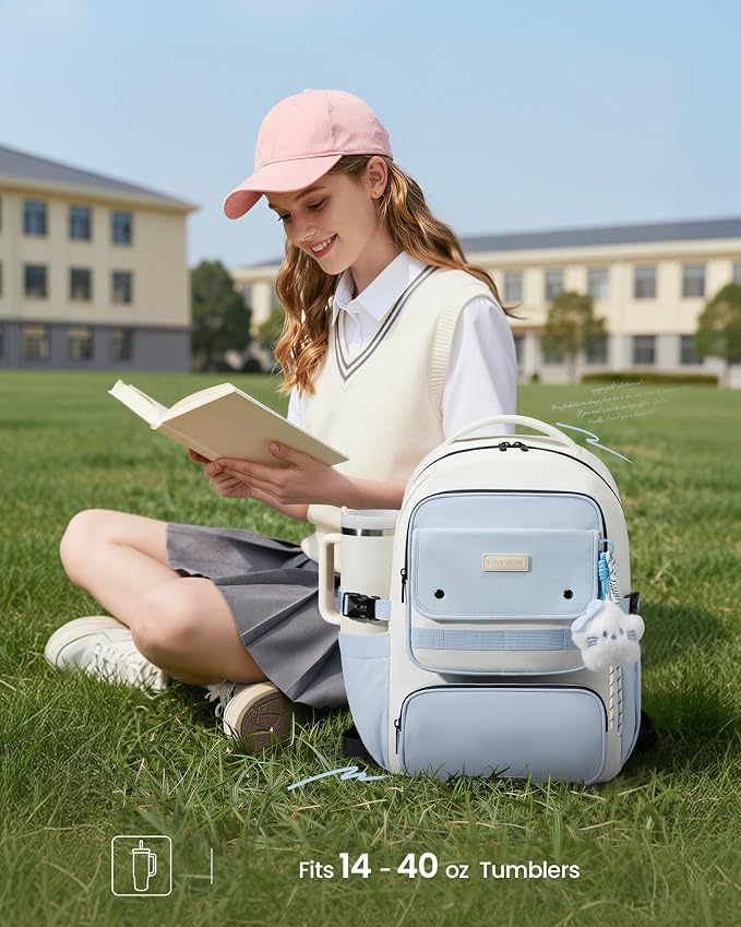 LOVEVOOK School Backpack for Teen Girl, Cute Bookbag with Large Bottle Holder, Lightweight Elementary Middle High School Student Backpack Fits 15.6 Inch Laptop, Back to Schools Kid Gift, Blue-Cream