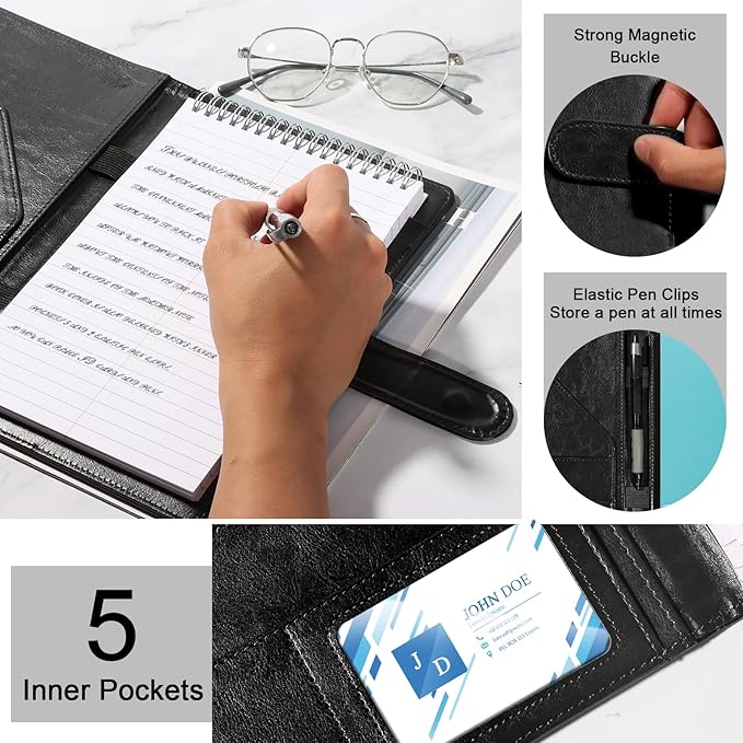 6 x 9 Inch Steno Pad Holder PU Leather Black Steno Pad Cover Business Padfolio Organizer Compatible with 6 x 9 Steno Notebook Portfolio Pocket Organizer With Pen Loop for Business
