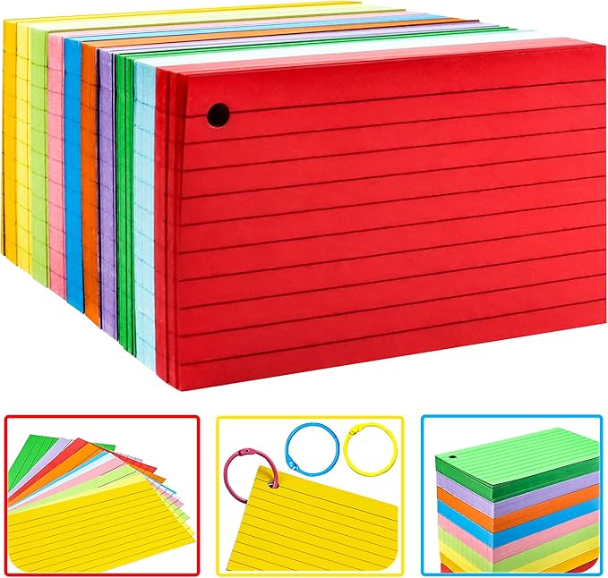 600Pcs Colored Index Cards 3x5 Inch Flash Cards with Rings Lined Note Card Flashcards, Colorful Ruled Card Pad Index Note Books 3 x 5 Notecards for Studying School Supply College Office