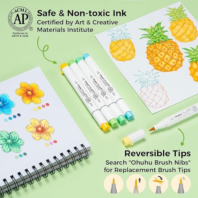 Ohuhu Alcohol Markers Brush and Fine Tip - 48-Color Alcohol-based Art Sketch Marker Set for Artist Adults Coloring Illustration - Brush and Fine Dual Tips- Honolulu 2B - Refillable - AP Certificated
