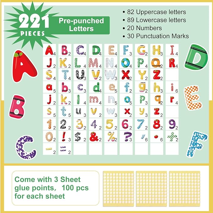 221 Pcs Pencil Apple Ruler Bulletin Board Letters, Round Alphabet Number Punctuation Symbol Combo Letter Cutouts, Colorful Classroom Decor for Summer School Classroom Chalkboard Poster Wall