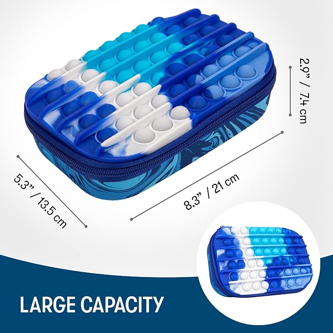ZIPIT POP Pencil Case for Boys, Silicone Sensory Fidget Pencil Box, Blue | Playful box for kids with tactile top, sturdy crack-proof shell, secure zipper, large capacity holds 60 pens & pencils
