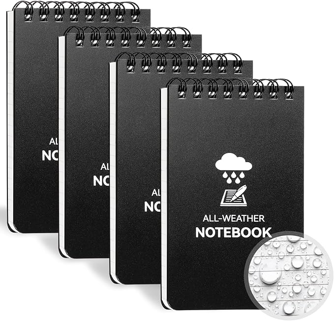 COIDEA Waterproof Notebook, 4 Pack Top-Spiral Pocket Notepad, 3" x 5" Weatherproof NotePad, All Weather Police Pocket Notebook Little Memo Steno Note Pads for Outdoor Office School Recording, Black