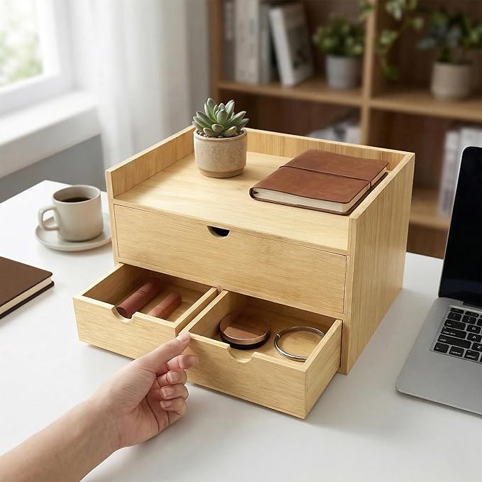 Bamboo Desk Organizer with 3 Drawers and Shelf, Desktop Drawers Wooden Storage Box 13.4 x 7.3 x 8.1 Inches Countertop Organizer for Office Supplies, Solid Wood Drawer No Assembly Required