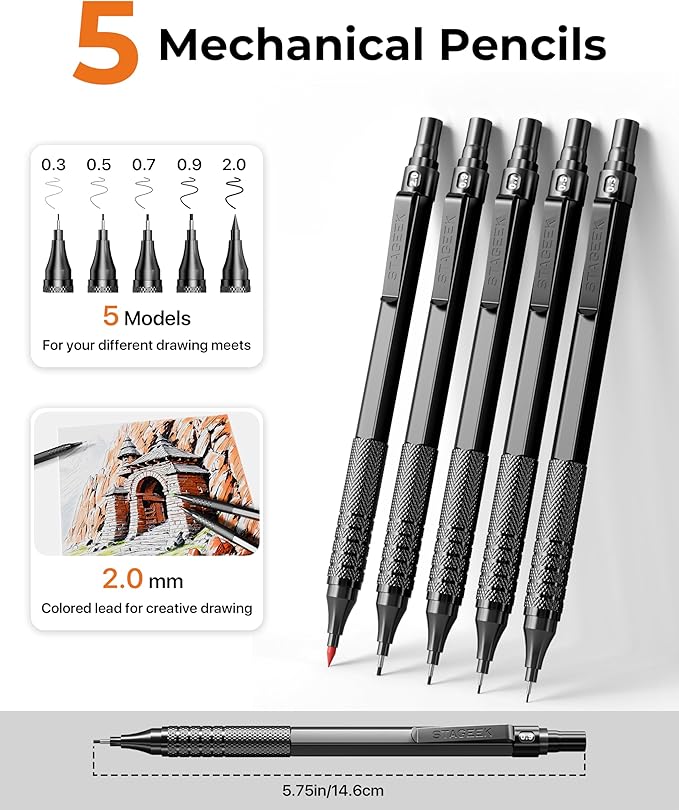 STAGEEK Metal Mechanical Pencil Set in Leather Case, 5PCS Art Drafting Pencil 0.3, 0.5, 0.7, 0.9 & 2mm Lead Holder, 9 Tube (4B 2B HB 2H Colors) Lead Refills for Drawing, Sketching, Writing (Black)