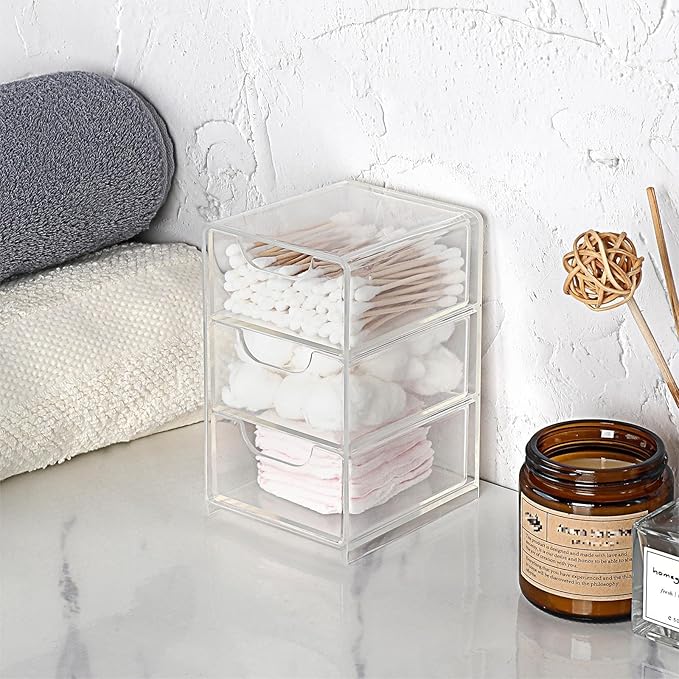 BTSKY 2 Pack Small Acrylic Storage Organizer with Drawers, 3-Layer Clear Desktop Organizer for Office Supplies Mini Storage Box with Drawers for Desk, Desktop Makeup Drawer Jewelry Storage Box