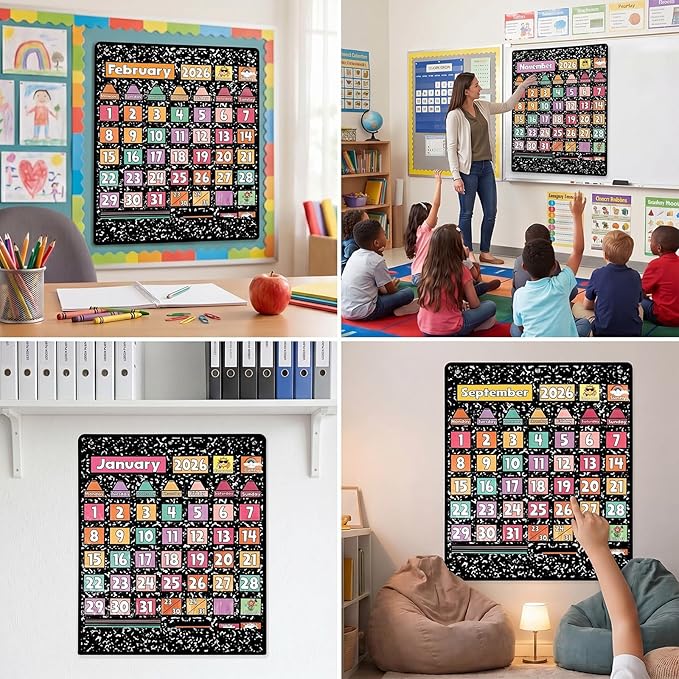 Gueevin Classroom Calendar Pocket Chart Set Composition Calendar Bulletin Board Set Seasons Festival Weather Bulletin Board Display with Cards Pocket Chart for Classroom Back to School Decoration