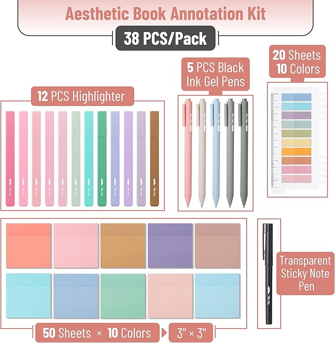 Mr. Pen- Aesthetic Book Annotation Kit, 38 pcs, 12 No Bleed Aesthetic Highlighters, 5 Gel Pens Black Ink, 700 Transparent Sticky Notes & Tabs for Study, Bible Journaling, Planner, Mothers Day Gift