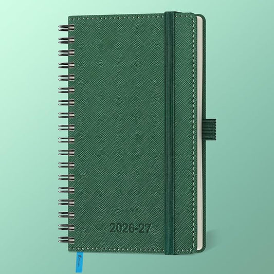 Planner 2026-2027 Daily Weekly and Monthly,6.5"x3.75",18 Months Spiral Bound Calendar Agenda with Self-adhesive Pen Holder,2026 Academic Plan with Vegan Leather Soft Cover,Green