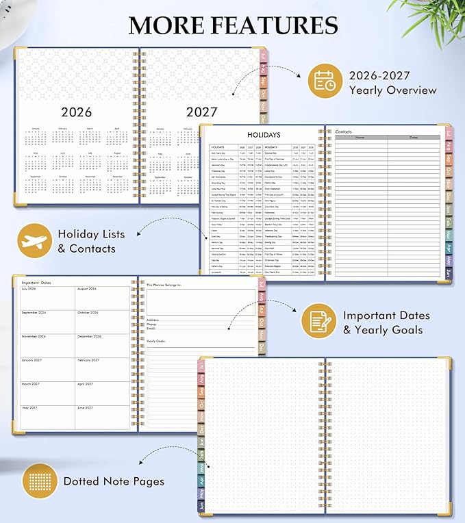 Academic Planner 2026-2027, Hardcover Leather Weekly and Monthly Calendar Planner from July 2026 - June 2027, A4 8.5" x 11" Daily Agenda with Tabs, College School Organizer for Student Teacher, Night Sky Blue