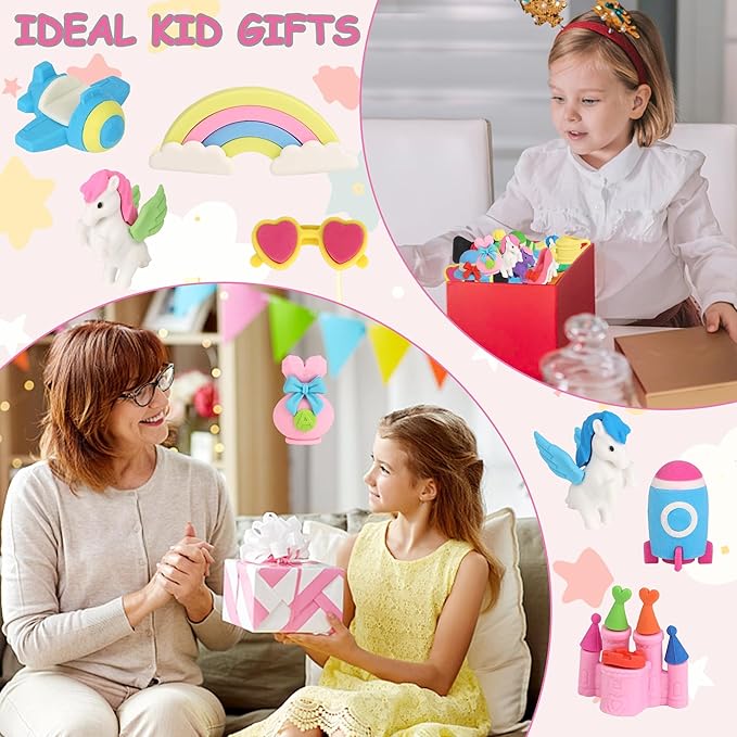 Cllayees 72 Pcs Erasers for Kids, Mini Pencil Eraser Bulk Classroom Prizes, Fun Puzzle Erasers for Girl Preschool Elementary Student, Back to School Supplies