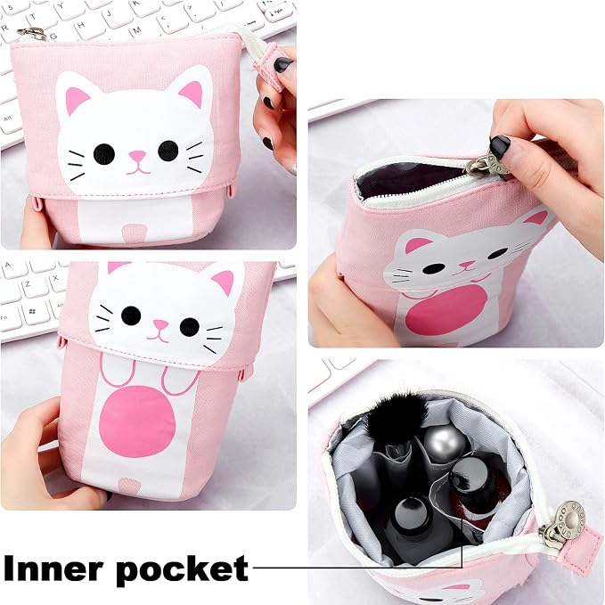 Zonon 4 Pieces Standing Pencil Case Cat Print Telescopic Pencil Case Stand up Pen Holder Canvas PU Cartoon Portable Makeup Bag for School Office Cosmetics Gift Supply(Cat Print)