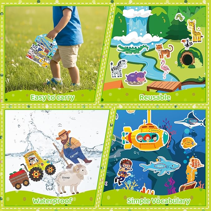 Jelly Sticker Books for Toddlers 2-4 Years, 4 Sets Reusable Sticker Books for Toddlers 1-3, Travel Toys Stickers Activity Book for Ages 2 3 4 5 6 Boy Girl Birthday Gifts (4Sets-Collection 1)