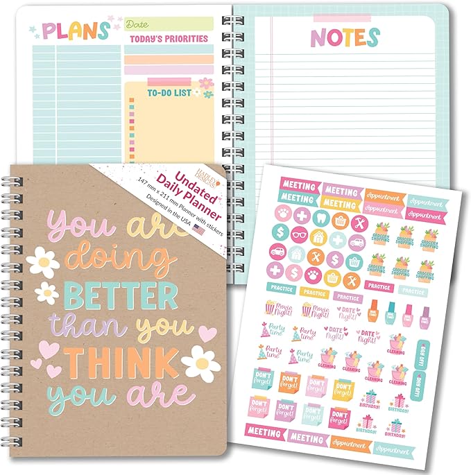Hadley Designs Daily Planner Undated - Undated Daily Planner with Hourly Schedule, To Do List Notebook for Work, Day Planners for Kids & Adults, Teacher Supplies, Teacher Graduation Gifts
