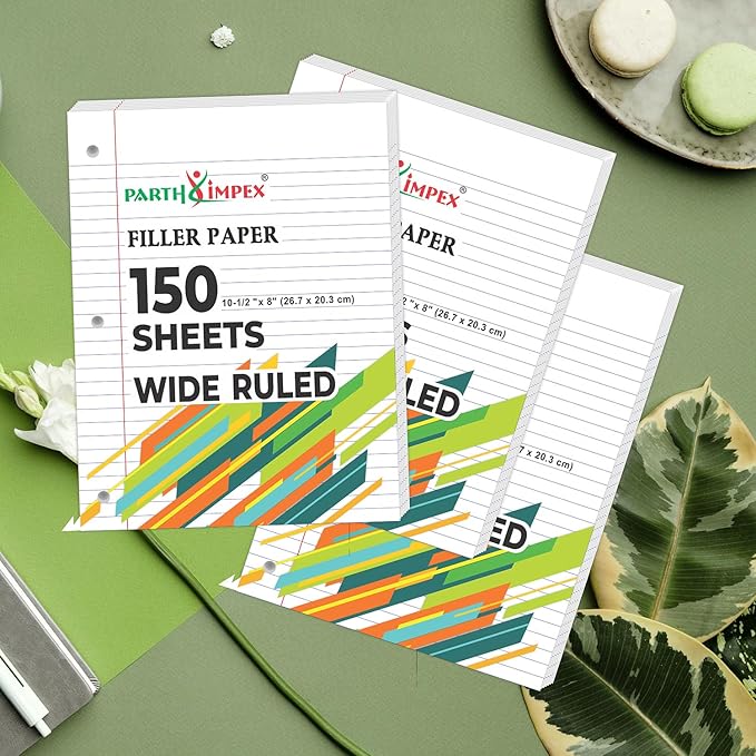 PARTH IMPEX Loose Leaf Paper, 450 Sheets, 3 Pack, 56 gsm, 8" x 10.5" Wide Ruled Filler Notebook Paper, 3 Hole Punched, 150 Sheets/Pack, Bulk Loose Leaf for 3 Ring Binders, White