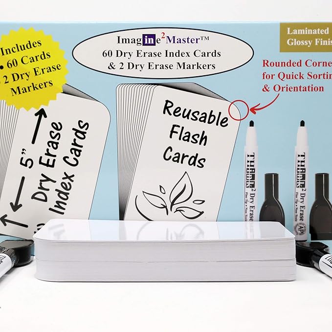 Imagine2Master 60 Blank Dry Erase Index Cards (3” X 5”). Comes with 2 Dry Erase Markers. DIY Flash Cards Great for Vocabulary, Game, Message, Notes. Glossy Laminated Finish 300 GSM Card Stock