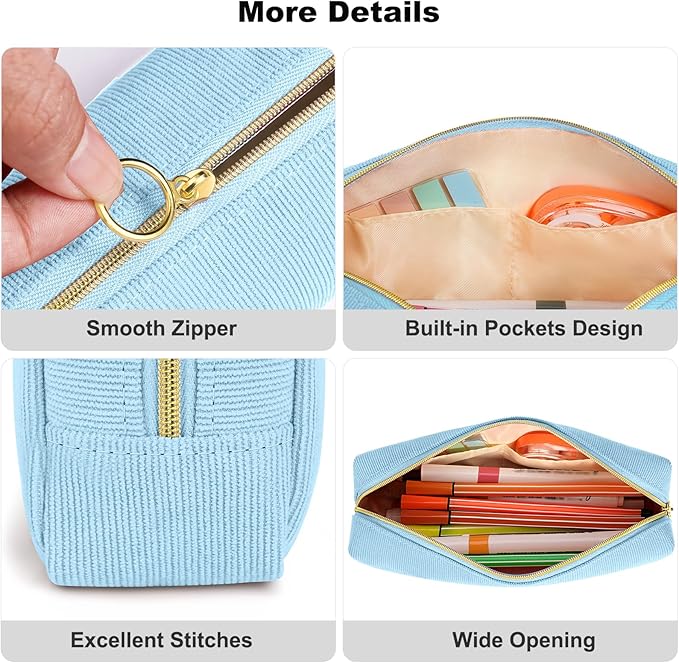 FINPAC Pencil Case, Corduroy Aesthetic Makeup Bag, Cute Kawaii Pen Bag Pouch Holder Box Organize for Study, Office, or Travel (Ocean Blue)