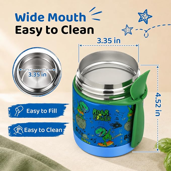 10oz Soup Thermo for Hot Food Kids Insulated Food Jar,Thermo Hot Food Lunch Container, Width Mouth Stainless Steel Lunch Box for Kids with Spoon (Blue-dinosaur)