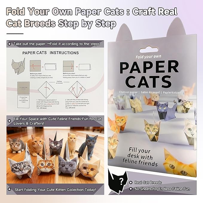 POPLOPP DIY Paper Cats Origami Kit, 50 Sheets 3D Origami Paper to Fold Cute Cat Figures, Fun Craft Activity for Kids & Adults, Desk Decor and Gift for Pet Lovers