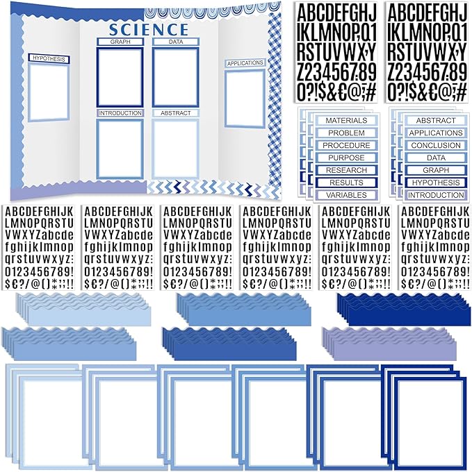 Sinload 92 Pcs Science Fair Board Supplies 60 Trim Scalloped Poster Boards 18 Presentation Subtitles 6 Project Titles 8 Letter Sticker for Classroom Display Boards(Blue Tone,Wave)