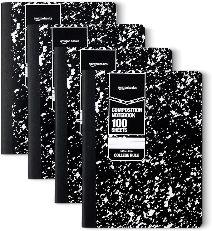 Amazon Basics Composition Notebook, College Ruled, 100 Sheets, 9.75" x 7.5", Marble Black, with Conversion Charts, 4-Pack