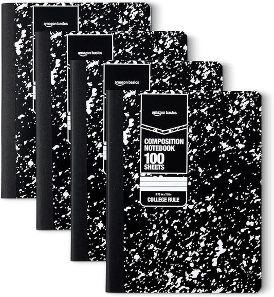 Amazon Basics Composition Notebook, College Ruled, 100 Sheets, 9.75" x 7.5", Marble Black, with Conversion Charts, 4-Pack