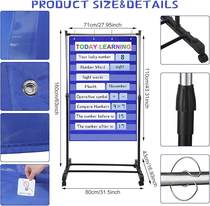 8 Pcs Adjustable Pocket Chart Stand Set Include 1 Standard Pocket Chart 6 Replacement Rings and 1 Adjustable Stand for Classrooms Home Teacher Lessons Educational Tools(Blue)