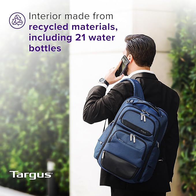 Targus HeritageLuxe Backpack 15-16” – Blue Laptop Bag with SafeSling Protection, RFID Pocket, USB-C Charging, Tracker Slot, Eco Fabric, Leather Accents - TBB65602GL