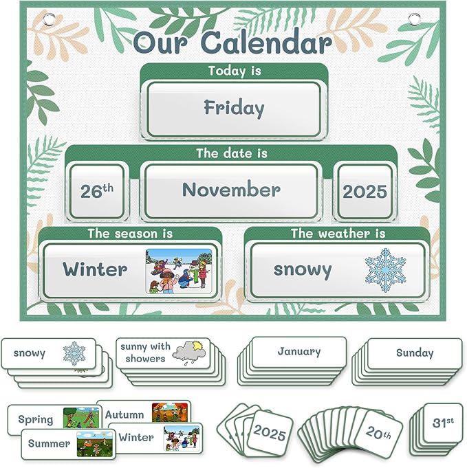 AKAYOK Classroom Calendar Pocket Chart with 70 Cards - Circle Time Calendar 2024-2028 with 2 Storage Pockets, Kids Calendar Perfect for Preschool and Homeschool Learning (Green Leaves)