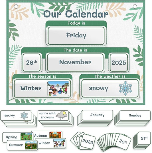 AKAYOK Classroom Calendar Pocket Chart with 70 Cards - Circle Time Calendar 2024-2028 with 2 Storage Pockets, Kids Calendar Perfect for Preschool and Homeschool Learning (Green Leaves)