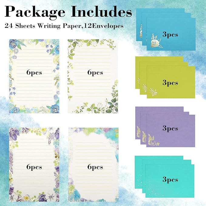 37 Pcs Stationery Paper Envelopes Set Includes 24 Lined Writing Paper & 12 Envelopes with 48 Round Stickers, Inlaid Flower Theme Pattern Letter Writing Paper Envelopes (4Style)