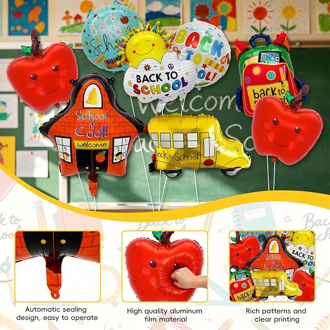 8PCS Back to School Balloons Set, School Bus, Apple, Backpack, School, Sun Foil Balloons, 18 Inch Round Back to School Balloons for Classroom Decorations, First Day of School Party Supplies