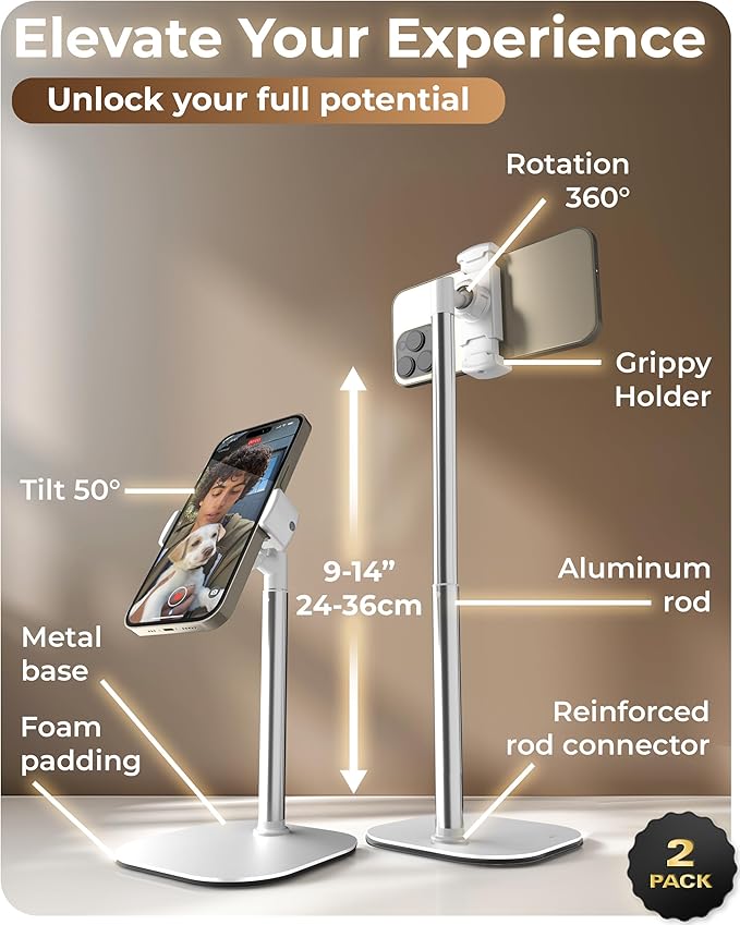 Cooper ChatStand, [Gift Family Pack], Adjustable Cell Phone Stand for Desk, Phone Stand for Recording, iPhone Holder, Small Tripod for iPhone,Fits Samsung, Android Smartphones, (White & Black, 2-Pack)