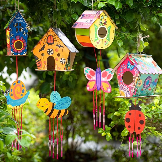 DoodleDoo 8 Pack Bird House & Wind Chime Kits, Buildable Birdhouse DIY Crafts for Kids Ages 4-8 8-12, 3+ Summer Arts and Craft for Children Boy Girl to Build, Valentine's Day Gift