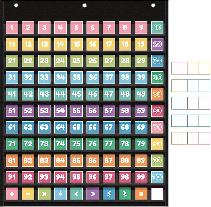 Hundreds Pocket Chart with 139 Cards, Includes Numbers Cards 1-100, 9 Math Symbol Cards & 30 Blank Cards | Classroom Math Wall Organizer for Counting, Place Value, Homeschool Activities(Black)