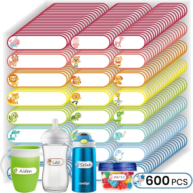 600 Pcs Self-Laminating Daycare Labels for Kids, Waterproof Write-On Name Labels for Baby Bottles, Sippy Cups & Food Containers, Dishwasher & Freezer Safe Stickers for School Supplies, Daycare & Camp