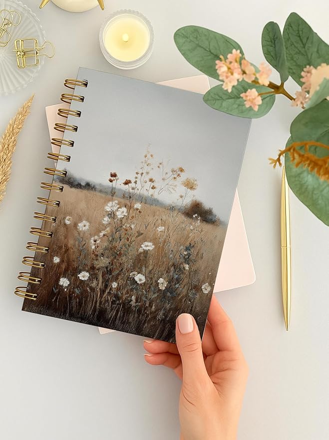 Vintage Wild Flower Spiral Notebook, Retro Cottagecore Wildness Botanical Floral Journal for Women, Farmhouse Rustic Country Landscape Botanical Notebook 5.5x8.3 Inch-368