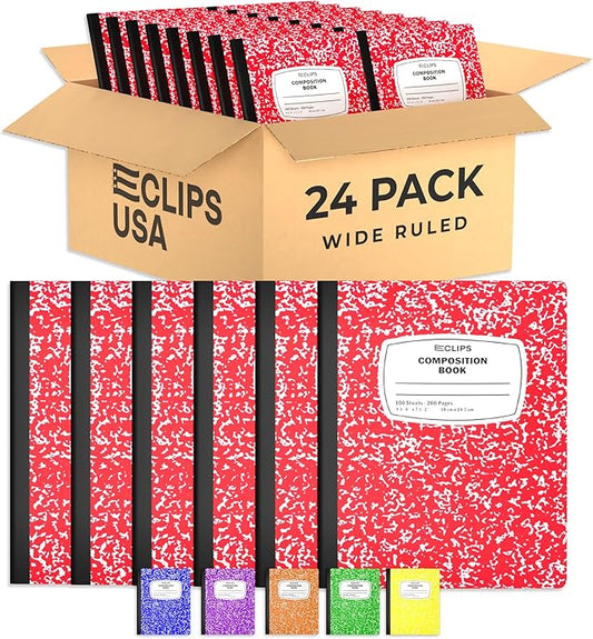 Composition Notebook Wide Ruled Composition Notebooks Bulk Red Marble Hard Cover Wide Ruled Notebook Paper Note Books For Schools Marble Composition Books 100 Sheets 200 Pages 9.75” x 7.25” (24 Pack, Red)