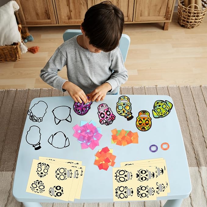 Renbuzhu 36PCS Dia De Los Muertos Crafts Bulk: Sugar Skull Paper Suncatchers DIY Kit for Day of The Dead Halloween Party Activities Decorations, Window Stained Glass Effect Art Supplies