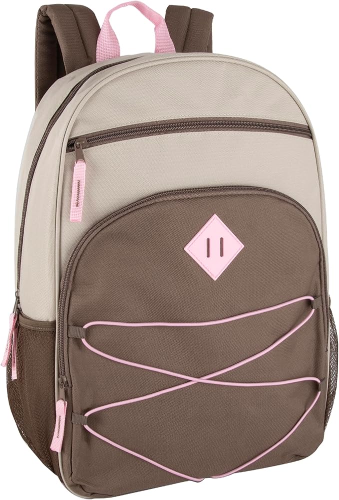 Summit Ridge Boys and Girls School Backpacks with Bungee Cord Front | 17” Multi Pocket Backpack for Kids, Teens, Adults, Travel (Khaki/Brown)