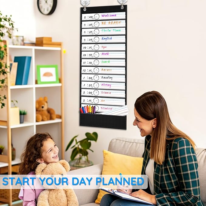 ZKOO Daily Schedule Pocket Chart, School Smart Pocket Chart with 18 Blank Double-Sided Reusable Cards, Teaching Scheduling Pocket Charts for Classroom 13+1 Pocket (Black)