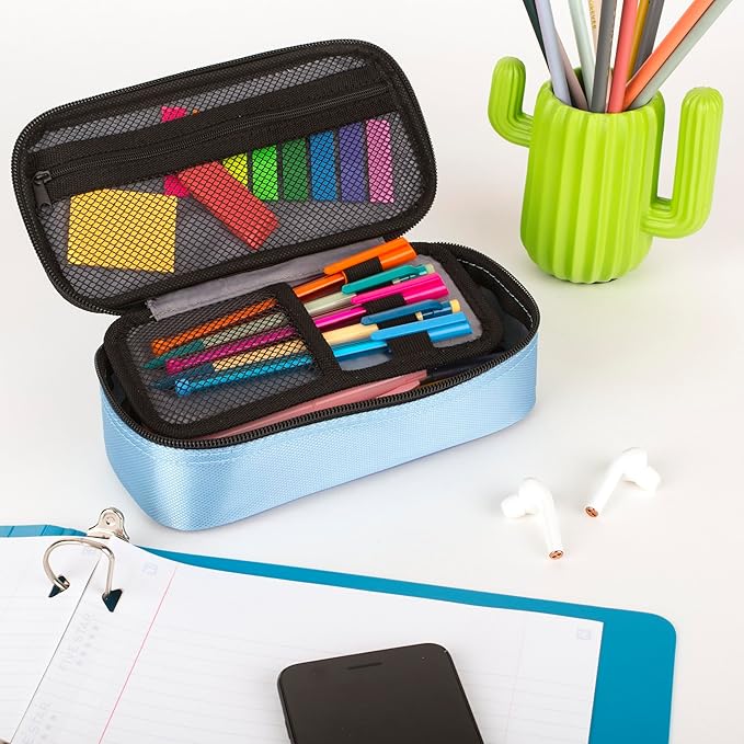 Five Star Pencil Pouch, Pen Case, High-Capacity Zipper Pouch, Storage Organizer for School Supplies Earbuds Chargers Cables Makeup, Blue/Denim (500212F-ECM) (Pack of 12)