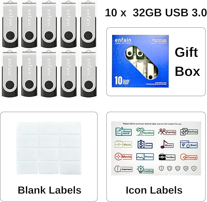 Enfain USB 3.0 32GB Flash Drive Shareable 10 Pack for Universal Data Storage at Home & The Office, Write Speed 25MB/s, Read Speed up to 90MB/s (Black)