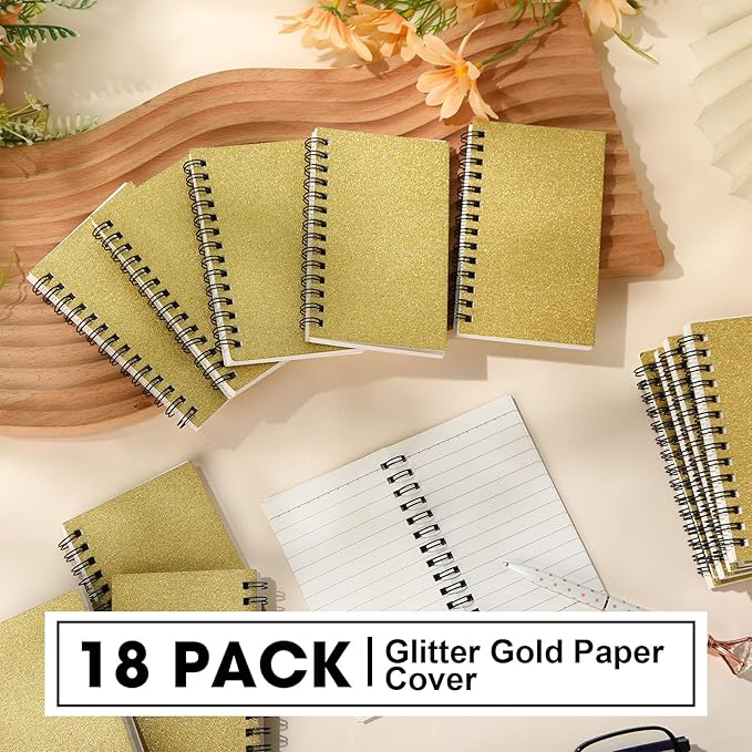 Jutom 18 Pcs Small Spiral Notebooks Memo Pads 3x5 Bulk Small Pocket Notebooks Mini Notepads with Lined Pages Mini Journals for Office School Work Supplies, 120 Pages (Gold)