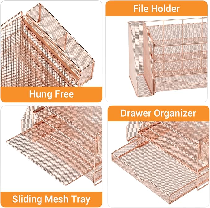 OPNICE Desk Organizer with Drawer & Pen Holder, Office Desk Accessories and Office Decor for Women, 4-Tier Paper Tray File Organizer for Home Office Workspace Supplies, Rose Gold