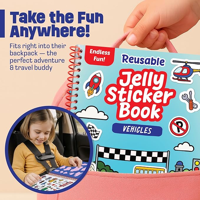 Reusable Sticker Book - Vehicles Stickers for Toddlers & Kids 3-5: Boys Easter Basket Stuffers & Easter Basket Essentials - Fun Activity in Airplane & Cars, Jelly Sticker Books for Toddlers 1-3 2-4
